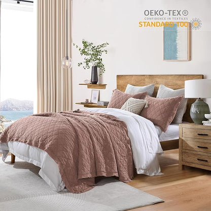 HORIMOTE HOME 100% Linen Front/100% Cotton Back Quilt Set Queen Size, Cameo Rose Pre-Washed European Flax Linen Quilt, Diamond Stitch Bedspread Coverlet Bedding Set 3-Piece for All Seasons