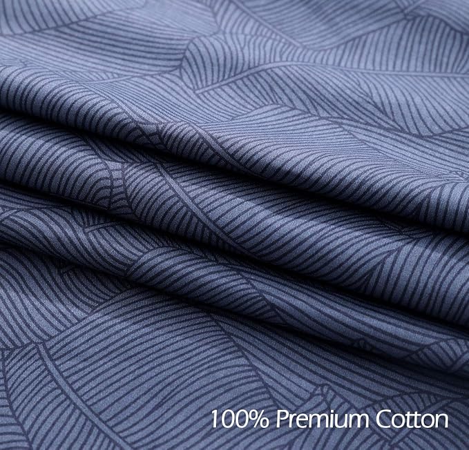SLEEPBELLA Duvet Cover Queen Size, 600 Thread Count Cotton Navy & Grey Printed with Luxurious Blue Leaves Pattern Reversible Botanical Comforter Cover Sets, Bedding Set 3Pcs (Queen, Navy-Blue Leaves)