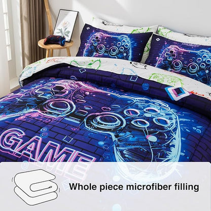 A Nice Night 5Pcs Gaming Comforter Set,Blue Purple 3D Game Contoller Themed Printing Bedding Sets for Kids Teen Boys, Reversible Comforter for All Seasons,Twin