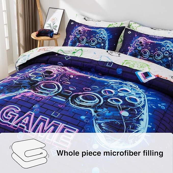 A Nice Night 5Pcs Gaming Comforter Set,Blue Purple 3D Game Contoller Themed Printing Bedding Sets for Kids Teen Boys, Reversible Comforter for All Seasons,Full