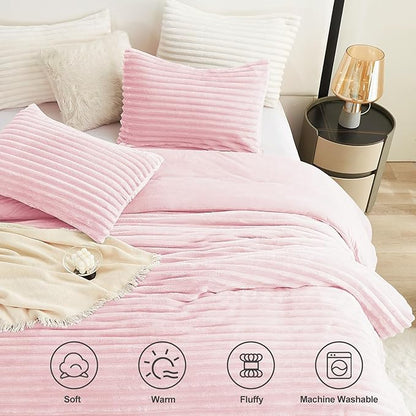 CozyLux Fluffy King Size Comforter Set - Super Soft Faux Fur Pink Comforter King Size, Winter Warm Fleece Bedding Set, 3 Pieces Plush Fuzzy Bed Set (1 Shaggy Comforter, 2 Pillowcases)