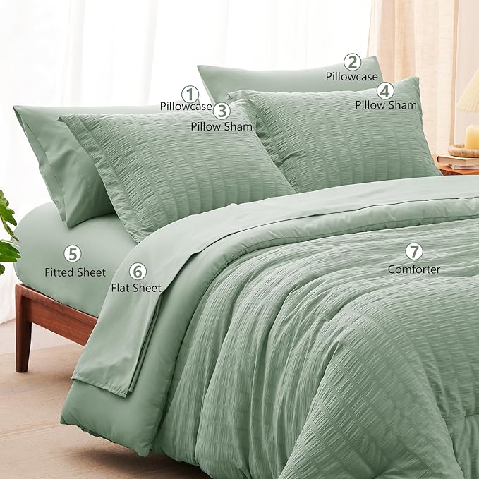 CozyLux King Size Comforter Set Sage Green Seersucker 7 Pieces Bed in a Bag King Comforter Set with Sheets, Luxury Bedding Sets with Down Alternative Comforter, Sheets, Pillowcases & Shams All Seasons