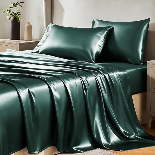 CozyLux Satin Sheets Queen Size Bed Set - 4 Piece Silky Queen Sheet Set, Luxury Deep Teal Queen Sheets with Smooth and Soft Microfiber, Includes 1 Fitted Sheet, 1 Flat Sheet and 2 Pillowcases