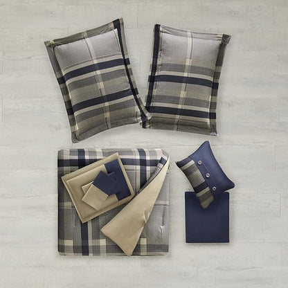 Intelligent Design Robbie 9-Piece Queen Comforter Set – Lightweight All-Season Plaid Bedding, Navy/Tan, Cozy Bed-in-a-Bag with Matching Shams & Decorative Pillow, Modern Casual Style