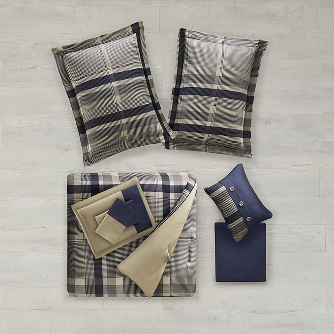 Intelligent Design Robbie 9-Piece Full Comforter Set – Lightweight All-Season Plaid Bedding, Navy/Tan, Cozy Bed-in-a-Bag with Matching Shams & Decorative Pillow, Modern Casual Style