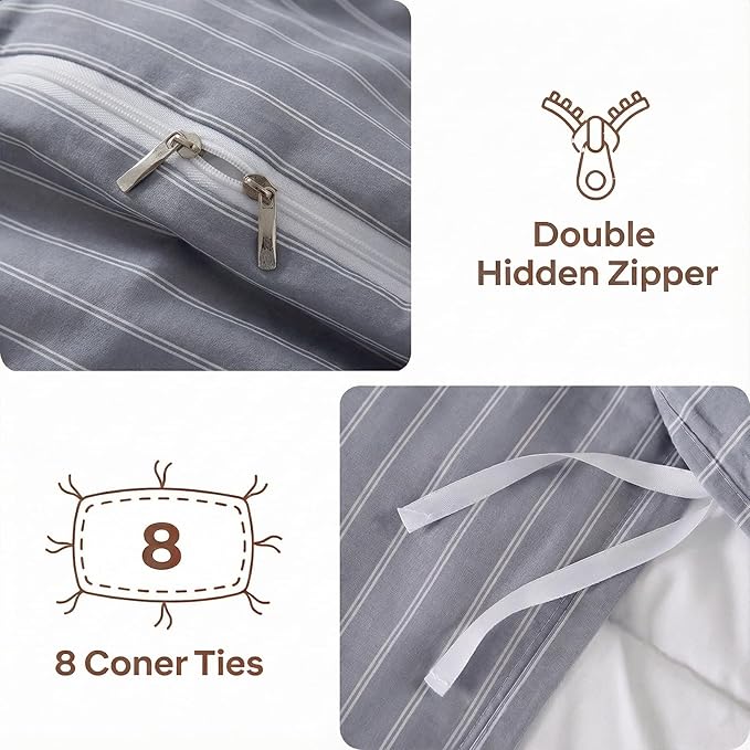Bedbay Grey Striped Duvet Cover Set Queen Size, 100% Cotton Sateen Bedding Set, Modern Minimalist Hotel Style 3 Piece Duvet Cover, Soft Breathable All-Season Bedding