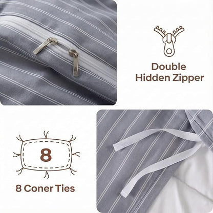 Bedbay Grey Striped Duvet Cover Set King Size, 100% Cotton Sateen Bedding Set, Modern Minimalist Hotel Style 3 Piece Duvet Cover, Soft Breathable All-Season Bedding