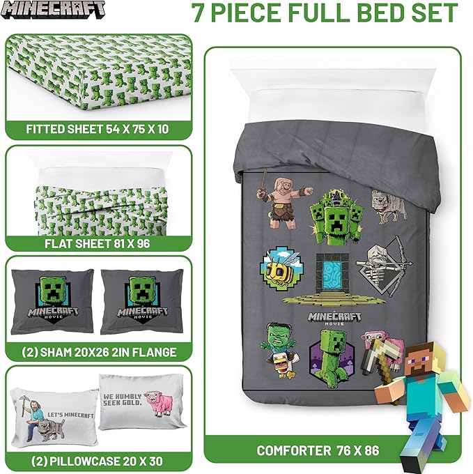 Jay Franco Kids Comforter Set Includes Sheets and Pillow Covers - Soft and Cozy Bed Set for Stylish Room Decor, Grey - Minecraft Movie, 7 Piece Full Size Bedding