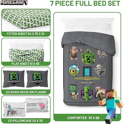 Jay Franco Kids Comforter Set Includes Sheets and Pillow Covers - Soft and Cozy Bed Set for Stylish Room Decor, Grey - Minecraft Movie, 7 Piece Full Size Bedding