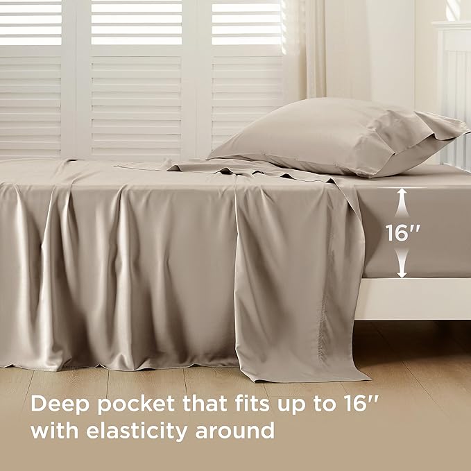 Bedsure Cooling Sheets Twin XL, Rayon Derived from Bamboo, PureWoven, Breathable & Soft Twin XL Sheet Sets, Deep Pocket Up to 16 Inches, Hotel Luxury Silky Dorm Bedding for Hot Sleepers, Simply Taupe