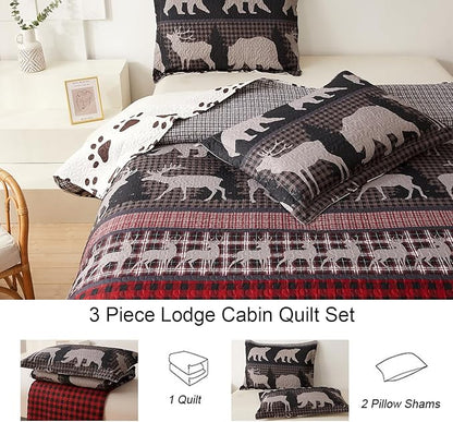 Ycosy King Size Quilt Set Bedding Rustic Lodge Bedspread Set Queen Red Black Buffalo Plaid Quilt Reversible Bedspread Coverlet Lightweight Quilt Bedding Moose Bear Country Cabin Coverlet