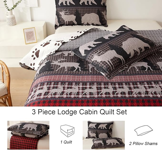 Ycosy Moose Bear Quilt Set Twin Size Plaid Bedding Red Black Patchwork Rustic Quilts Reversible Lodge Bear Bedspread Geometric Cabin Coverlet Lightweight Bedcover Woodland Decor(68"x 86")