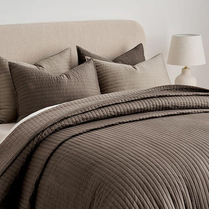 EVERGRACEHOME Cotton Sateen Quilt Set Queen Size, Pre-Washed Cotton Channel Stitch Coverlet Bedspread, 3 Pieces Lightweight Soft Bedding Sets for All Season, with 2 Pillow Shams, Mocha Brown