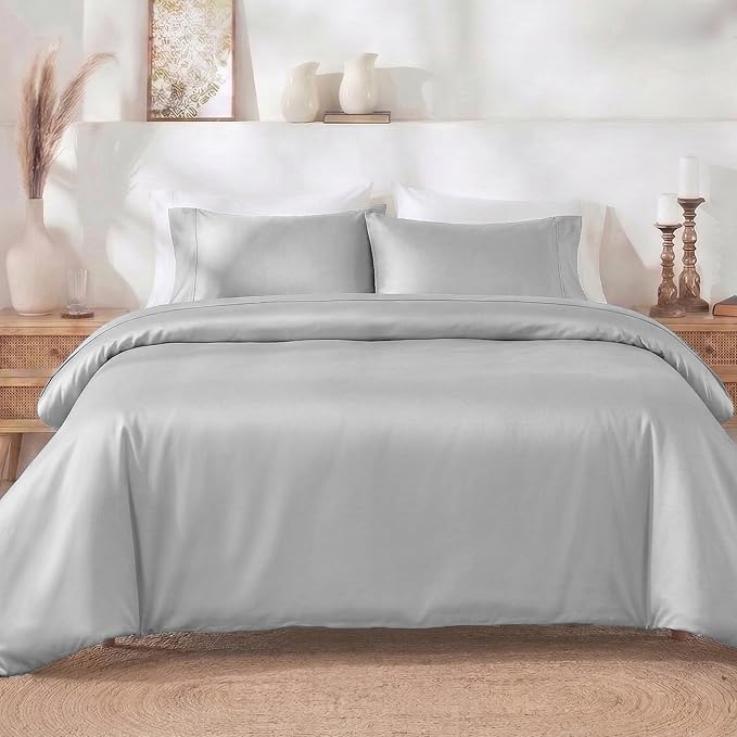 California Design Den 3 Pc Duvet Cover Set Queen Size/Full Size - Winner Good Housekeeping Best Bedding Awards 2025, 400 Thread Count Sateen, 100% Cotton, Button Closure, Corner Ties - Light Grey