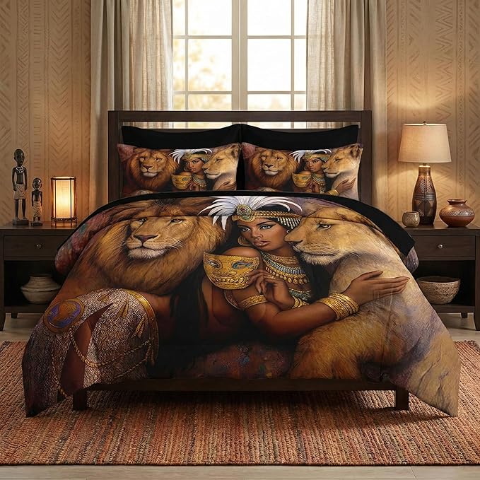 Nesker Comforter Set Twin Size, Regal Lions Queen Woman 5 Pcs Bedding for Kids and Adults, African Wildlife Brown Bed Sheet Sets with Fitted Sheet Pillowcase & Sham