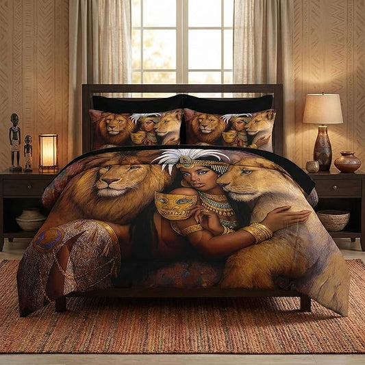 Nesker Comforter Set Queen Size, Regal Lions Queen Woman 7 Pcs Bedding for Kids and Adults, African Wildlife Brown Bed Sheet Sets with Fitted Sheet 2 Pillowcases & 2 Shams