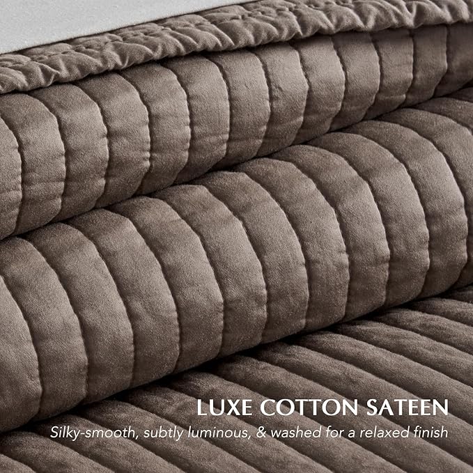 EVERGRACEHOME Cotton Sateen Quilt Set King Size, Pre-Washed Cotton Channel Stitch Coverlet Bedspread, 3 Pieces Lightweight Soft Bedding Sets for All Season, with 2 Pillow Shams, Mocha Brown