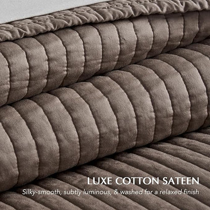 EVERGRACEHOME Cotton Sateen Quilt Set King Size, Pre-Washed Cotton Channel Stitch Coverlet Bedspread, 3 Pieces Lightweight Soft Bedding Sets for All Season, with 2 Pillow Shams, Mocha Brown