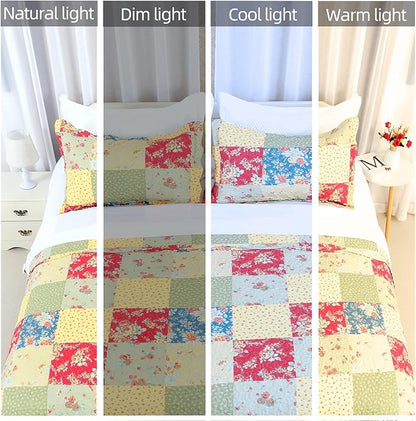 Cmfshape Summer Floral Queen Quilted Bedspread,Romantic Pink Quilt Set,Reversible Stitched Bedding Cover All Season,Soft Lightweight Coverlet with Pillow Cases (Yellow&Green, Queen(90"x90"))