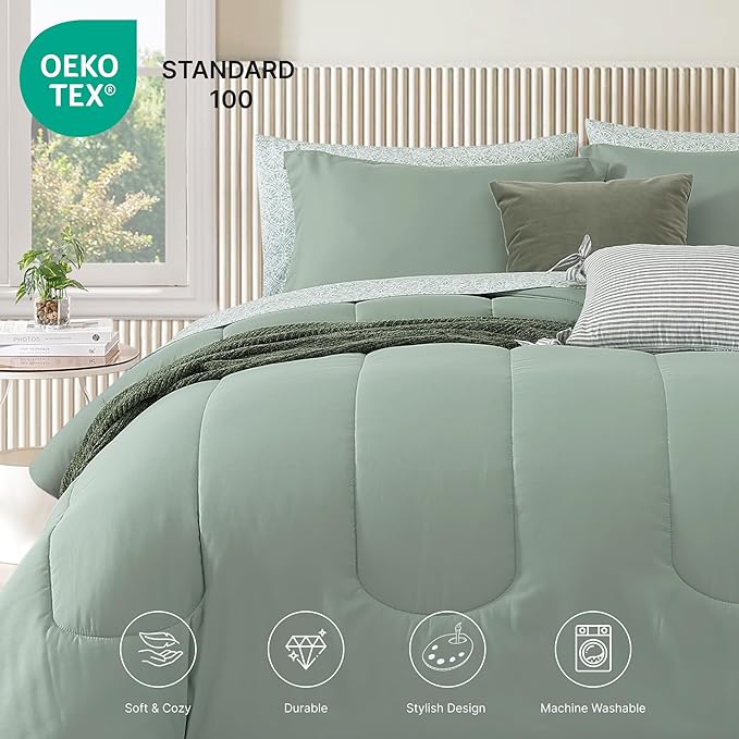 Monbix Queen Comforter Set - 7 Pieces Sage Green Bed in a Bag Queen Track Stitching Bedding Sets, All Seasons Comforter Bed Set with Sheets, Pillowcases & Shams