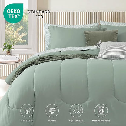 Monbix King Size Comforter Set - 7 Pieces Bed in a Bag King, Sage Green Track Stitching Bedding Sets, All Seasons Bed Set with Sheets, Pillowcases & Shams