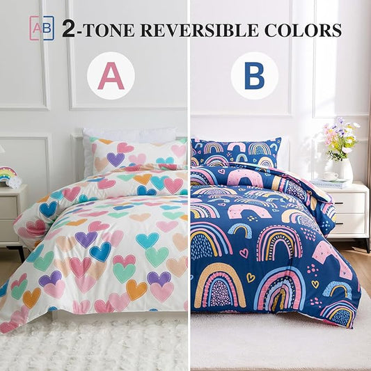 Btargot Lightweight Soft 3 Piece Rainbow Comforter Set with 2 Pillow Covers, Cartoon Love Hearts Suns and Stars Bedding Set for Girls Boys Kids, Twin Dark Blue