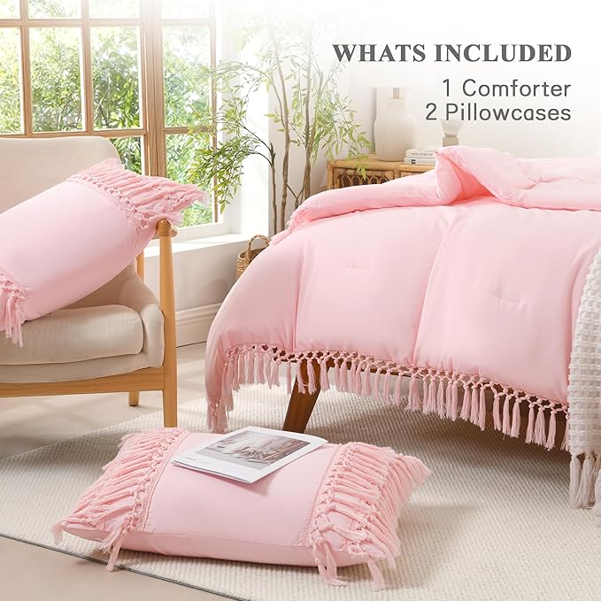 Andency Queen Comforter Set Light Pink, 3 Pieces Boho Lightweight Fall Bedding Comforter Sets, Tassel Bed Set (90x90In Comforter & 2 Pillowcases)