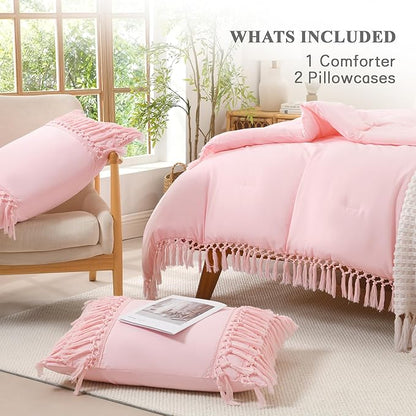 Andency Queen Comforter Set Light Pink, 3 Pieces Boho Lightweight Fall Bedding Comforter Sets, Tassel Bed Set (90x90In Comforter & 2 Pillowcases)