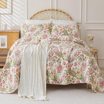 Cmfshape Floral Quilt Sets Bedspread Set 100% Cotton Bedding Set, All Season Use Lightweight Reversible Coverlet Quilts with 2 Pillow Shams(King 106"x96")