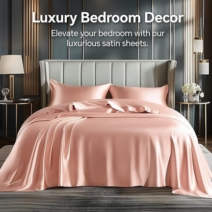 BEDELITE Satin Sheets Queen Size Bed Set, Luxury Soft Coral Pink Silky Sheets for Hair and Skin, Similar to Silk Bed Sheet Set 4 Pieces with 1 Deep Pocket Fitted Sheet, 1 Flat Sheet, and 2 Pillowcases