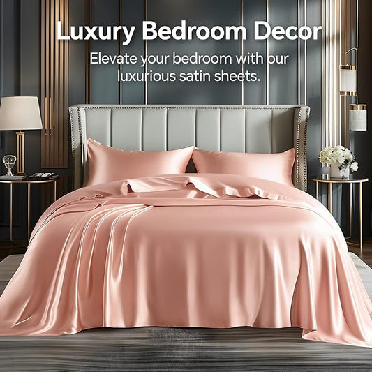 BEDELITE Satin Sheets Queen Size Bed Set, Luxury Soft Coral Pink Silky Sheets for Hair and Skin, Similar to Silk Bed Sheet Set 4 Pieces with 1 Deep Pocket Fitted Sheet, 1 Flat Sheet, and 2 Pillowcases