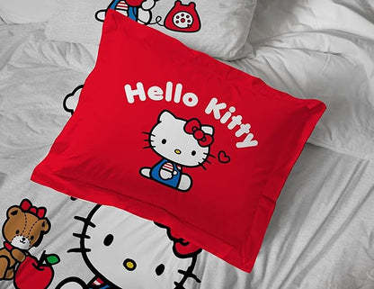 Jay Franco Sanrio Hello Kitty Queen Size Comforter Set - 7 Piece Red & Grey Bedding Includes Sheet Set & Pillow Covers - Super Soft Cozy Kawaii Bedding