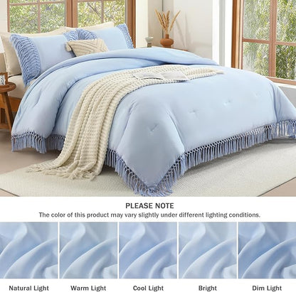 Andency Comforter King Size Set Light Blue, 3 Pieces Boho Tassel Lightweight Fluffy Bedding Comforters & Sets, Soft All Season Bed Set (104x90In Comforter & 2 Pillowcases)