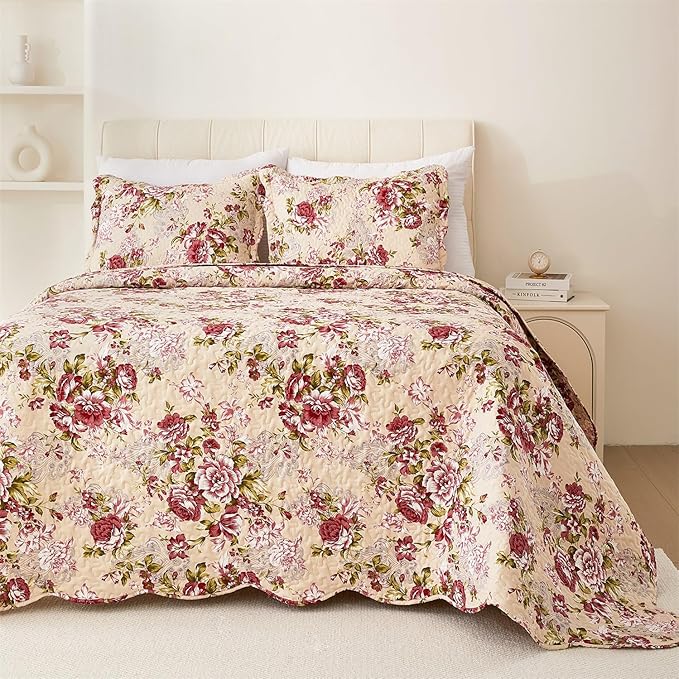 Cmfshape Summer Floral Queen Quilted Bedspread,Romantic Red Quilt Set,Reversible Stitched Bedding Cover All Season,Soft Lightweight Coverlet with Pillow Cases (Red Rose, Queen(90"x90"))