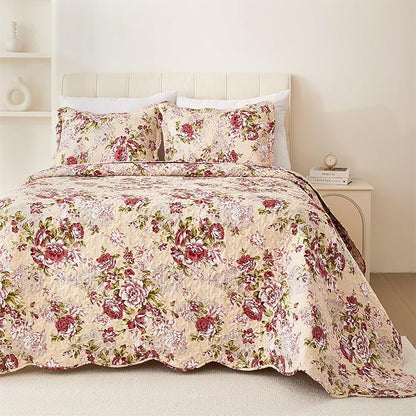 Cmfshape Summer Floral King Quilted Bedspread,Romantic Red Quilt Set,Reversible Stitched Bedding Cover All Season,Soft Lightweight Coverlet with Pillow Cases (Red Rose, King(102"x90"))