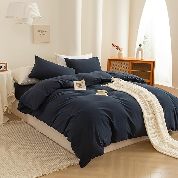 ECOCOTT Navy Blue Duvet Cover Twin Size - 100% Washed Cotton Durable Soft Comfy Duvet Cover Set, 3 Pieces Duvet Cover with Zipper Closure (Navy Blue, 68''x90'')