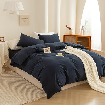ECOCOTT Navy Blue Duvet Cover Super Queen Size - 100% Washed Cotton Durable Soft Comfy Bedding Set, 3 Pieces Duvet Cover with Zipper Closure (Navy Blue, 98''x90'')