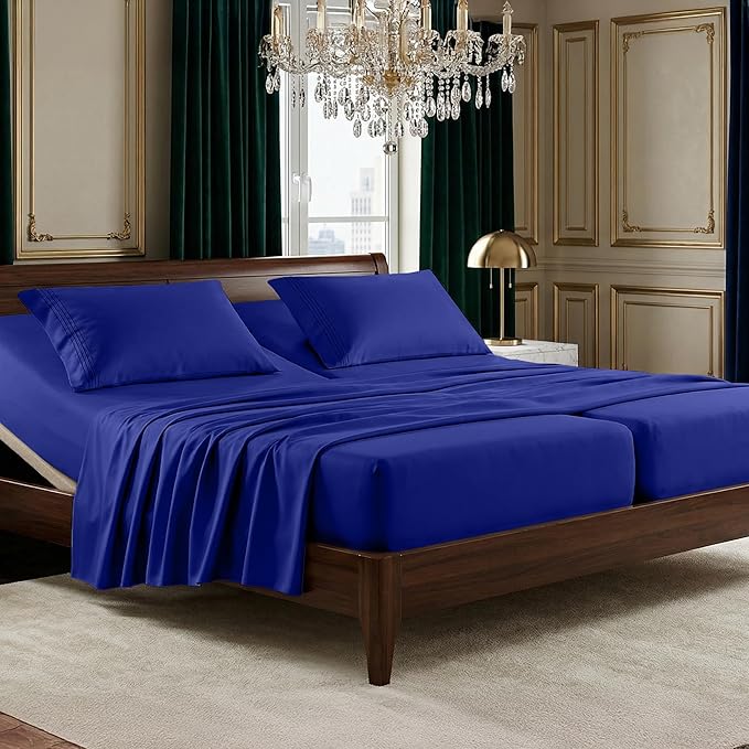 Elegant Comfort Luxurious 1500 Premium Hotel Quality Microfiber Three Line Embroidered Softest 5-Piece Bed Sheet Set, Wrinkle and Fade Resistant, Split King, Royal Blue