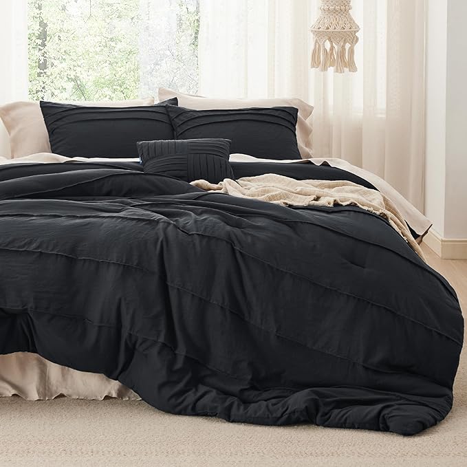 Bedsure Full Comforter Set - 4 Pieces Pinch Pleat Bed Set, Black Boho Bedding for All Season, 1 Soft Comforter, 2 Pillowcases, 1 Decorative Pillow