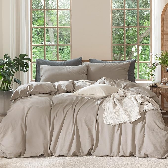 MooMee Bedding Duvet Cover Set 100% Washed Cotton Linen Like Textured Breathable Durable Soft Comfy (Solid Light Tan, Full 80"x90")