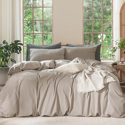 MooMee Bedding Duvet Cover Set 100% Washed Cotton Linen Like Textured Breathable Durable Soft Comfy (Solid Light Tan, Full 80"x90")