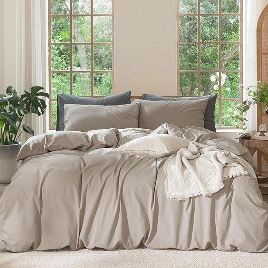 MooMee Bedding Duvet Cover Set 100% Washed Cotton Linen Like Textured Breathable Durable Soft Comfy (Solid Light Tan, Full 80"x90")