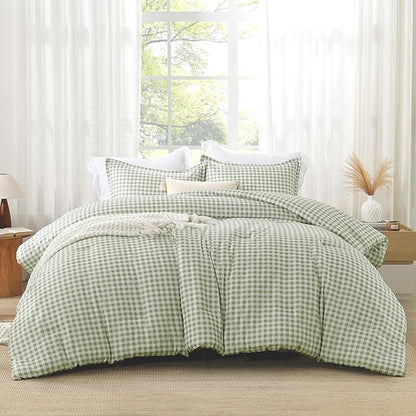 Andency Sage Gingham Comforter Set Twin(66x90Inch), Green Checkered Grid Plaid Buffalo Bed Set for Girls Boys Kids Teens, 2 Pieces Lightweight Polyester Geometric Preppy Bedding