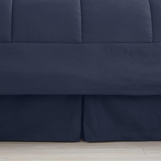 Sweet Home Collection King Size Greek Key Navy 8 Piece Bedding Set - Smooth Piped Edging, Sewn-Through Construction, Overfilled for