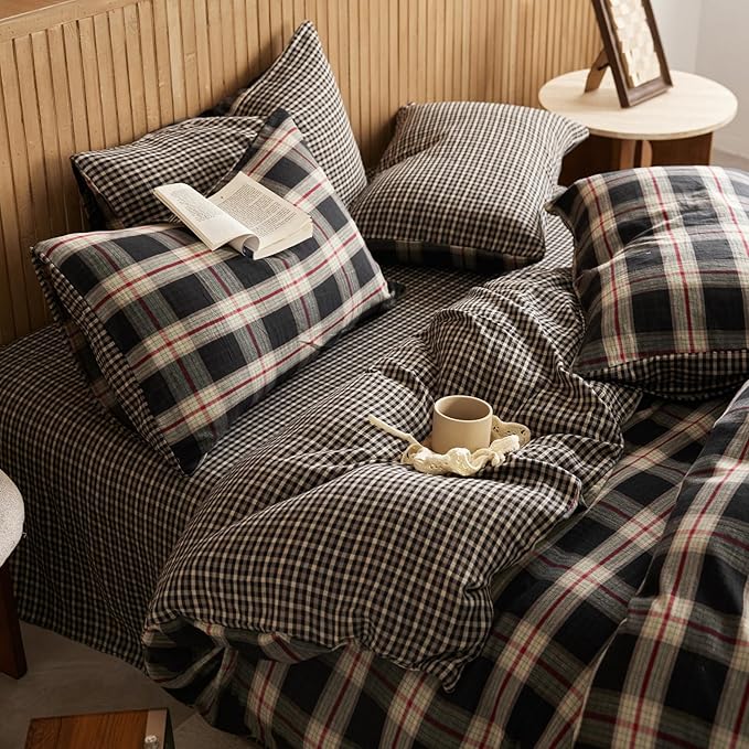 EAVD Vintage Black Gingham Comforter Set Queen Soft 100% Muslin Cotton Red Green Grid Checkered Plaid Bedding Set with 2 Pillowcases Farmhouse Reversible Black Plaid Comforter Set for All-Season