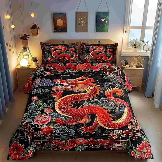 Castle Fairy Exotic Chinese Style Bedding Set for Boys Girls,Watercolor Flowers All Season Cozy Comforter Set Full Size,Chinese Loong Duvet Set Bedroom Decor,Personalized Birthday Gifts
