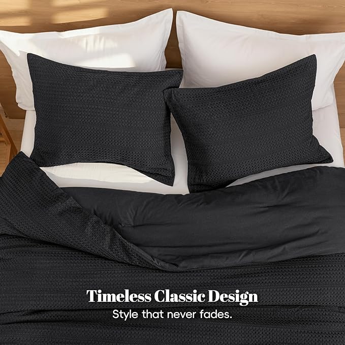 PHF Soft Waffle Comforter Set Twin Size- Comfy Breathable Waffle Weave Comforter with 1 Pillow Shams, 2 Pieces Less Snagging Lightweight Textured Bedding Set for All Season, Black
