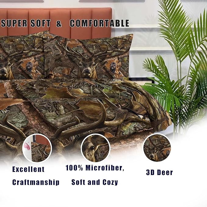 NINENINE Deer Bedding Sets Full Size for Boys Adult Teens Western Woodland Camo Comforter Moose Wildlife Forest Bedding,Bear Animals Hunting Bed Sets with 1 Comforter 2 Pillowcases