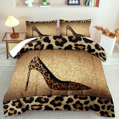 Leopard Comforter Set Queen Girls,Sexy High Heel Comforter for Women,Leopard Print Bedding Set Queen Adult,High Heel Quilt Bedroom Decor,African Animal Print Bedding Quilt