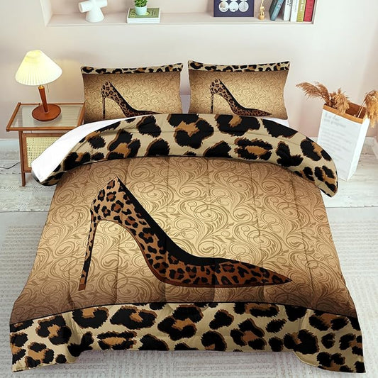 Leopard Comforter Set Queen Girls,Sexy High Heel Comforter for Women,Leopard Print Bedding Set Queen Adult,High Heel Quilt Bedroom Decor,African Animal Print Bedding Quilt
